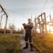 Pracownicy montują słupy energetyczne podczas budowy linii przesyłowej