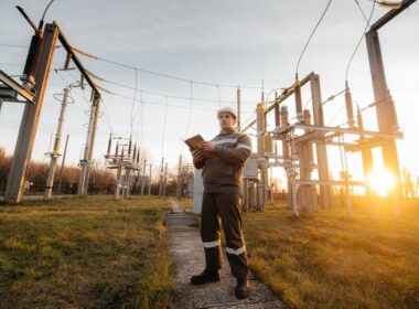 Pracownicy montują słupy energetyczne podczas budowy linii przesyłowej