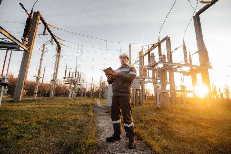 Pracownicy montują słupy energetyczne podczas budowy linii przesyłowej